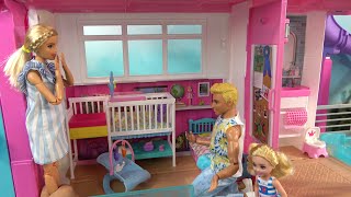 Barbie and Ken at Barbie House w Barbie Sisters and Baby Shover Fun and New Baby Room [upl. by Dorr37]