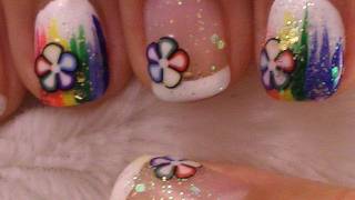 Cute and Simple Nail Art On Short Nails  Rainbow with Fimo Slices [upl. by Ateerys]