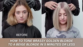 How to tone brassy golden blonde to a beige blonde in 5 minutes or less  Kenra Color [upl. by Nioe]