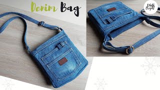 How to make a Denim Crossbody bag from jeans sewing tutorial DIY Jeans Sling Bag with zipper [upl. by Abas129]