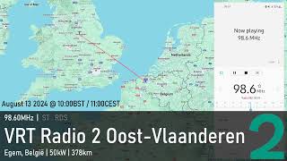 Tropo FM DX 130824 9860MHz VRT Radio 2 in OostVlaanderen from the UK [upl. by Aicatsan764]