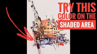 Try this color for shadow areasMagical complementary colors Urban sketching techniques [upl. by Jenne]