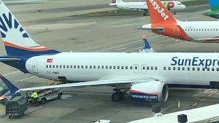 SunExpress 737800Max Takeoff Gatwick to Antalya [upl. by Anaahs]