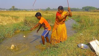 Fishing Video  Best Hook Fishing Video by village woman and boy  Giant fish hooking catfish [upl. by Ainoet444]