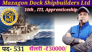 ITI Goverment Job  Mazagon Dock Shipbuilders  Apprenticeship  Post 531  salary  30000 psu [upl. by Assirrem]