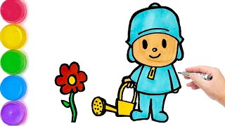 How to draw Pocoyo watering a flower  drawing for kids toddler preschool coloring pages [upl. by Deaner]