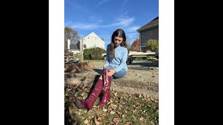 ACTRESS MODEL MADISON REVIEWS BURGUNDY FAUX CROC LEATHER COMJUY KNEE BOOTS FALL WINTER FASHION [upl. by Odraner]