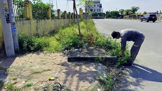 Manually cleaning the overgrown sidewalk in front of the school gate Beautiful transformation [upl. by Eryt]