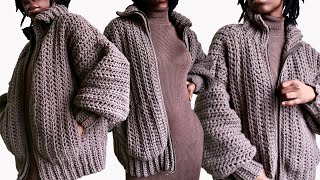 Crochet Jacket With Pockets and Zipper NO SEWING MACHINE [upl. by Solana]