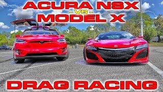 Supercar vs SUV  Tesla Model X P100D Ludicrous vs Acura NSX Drag Racing 14 Mile [upl. by Halfon]