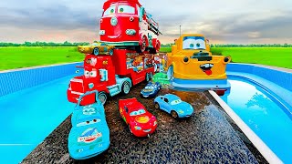 Disney Pixar Cars falling into deep pool Lightning McQueen Tow Mater Mack Sally Francesco [upl. by Lib]