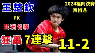 王楚欽大戰歐洲名將，世界第一重回巔峰！狂暴7連擊，首局打出112！弗朗西斯卡被打無奈了【2024福岡總決賽再相遇】 [upl. by Kaitlynn]