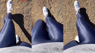 Spandex Leggings Walk in Deep Blue Shiny Tight Clothes [upl. by Zsa462]