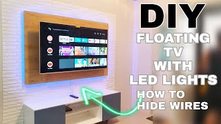 DIY How to make Floating TV Backwall and Cabinet with LED lights  Hide your wires [upl. by Rimma]