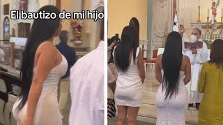 una mujer causa polémica por usar un vestido ajustado en pleno bautizo [upl. by Norrab]