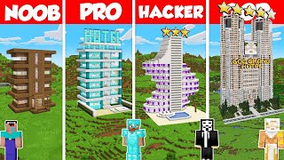 Skyscraper Hotel Build Battle Challenge  Noob vs Pro vs Hacker vs God  Minecraft Animation [upl. by Haimehen176]