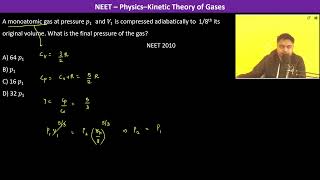 A monoatomic gas at pressure 𝑝1 and 𝑉1 is compressed adiabatically to 18th its original [upl. by Margarida916]