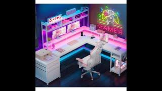 Transform Your Gaming Experience with EnHomee White L Shaped Desk  LED Lights amp Drawers Included [upl. by Windy]