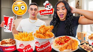 Americans Try Jollibee For The First Time Palabok Aloha Burger Jolly Spaghetti Adobo Rice [upl. by Franchot659]