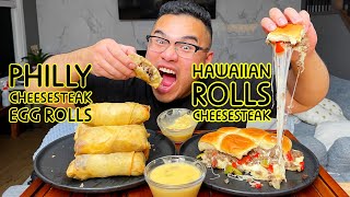 PHILLY CHEESESTEAK EGG ROLLS  MUNCHIES LATE NIGHT  HAWAIIAN ROLLS CHEESE STEAK [upl. by Amhsirak]