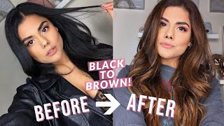 BLACK TO BROWN HAIR COLOR AT HOME DIY BALAYAGE HIGHLIGHTS NO DAMAGE WITH BLEACH [upl. by Nauqyaj]