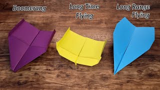 Best 3 Flying Paper Airplane Designs for Boomerang Long Flying Time Long Rang Flyer  Easy to Make [upl. by Petey857]