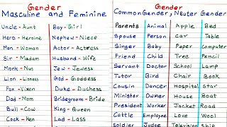 Masculine and Feminine। Common Gender and Neuter Gender। Masculine Feminine Gender Examples [upl. by Shirlene]