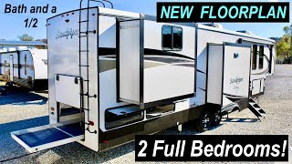 Check out this MASSIVE 2 Full Bedroom Fifth Wheel RV NEW FLOOR PLAN 2022 Sandpiper Luxury 388BHRD [upl. by Abner]