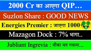 Stock Market News  Mazagon dock  Suzlon Share  premier energies Share  jubilant ingrevia share [upl. by Relluf]