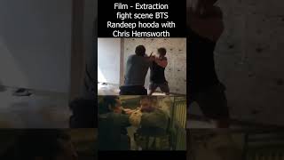 Rajkamal Filmsrandeephooda with chrishemsworth in extraction fight scene BTS [upl. by Ellerret]