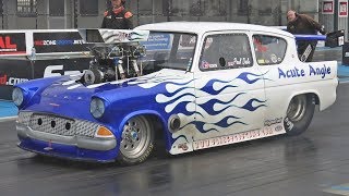 Acute Angle Blown V8 Anglia 105e at Santa Pod Raceway [upl. by Ettedanreb]