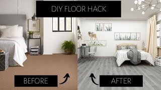 DIY FLOOR MAKEOVER Peel amp Stick Tile Over Carpet RENTER FRIENDLY BUDGET FRIENDLY [upl. by Heddie]