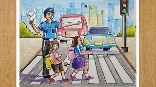 how to draw save drive save life with oil pastel colorroad safety drawing easycity safety drawing [upl. by Araeit710]