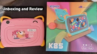 Atouch K85 kids tablet unboxing and review  kids android tablet specifications and price [upl. by Ylas]