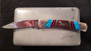 Pre1986 Buck 704 Maverick  David Yellowhorse Custom Stone Desert Ironwood Nickle Silver Inlay [upl. by Sclater]