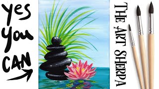 Zen Stacked Stones and Lotus  Easy Acrylic Painting STEP BY STEP 9  The Art Sherpa [upl. by Bettzel]