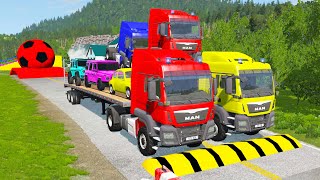 Double Flatbed Trailer Truck vs Speedbumps Train vs Cars  Tractor vs Train BeamngDrive 40 [upl. by Arutek791]