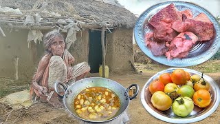 90 year old widow grandma cooking PORK CURRY with tomato with hot ricecooking amp eatingvillage life [upl. by Naitsirc359]