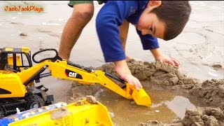 Digging with Construction Toys at the Beach Pretend Play with Trucks and Excavators  JackJackPlays [upl. by Adnahsam]