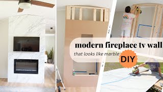 DIY Modern Fireplace TV Wall that looks like marble [upl. by Anerroc]