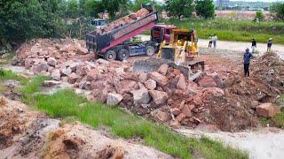 Starting New Project Point Filling Stone Huge Land by Operator Bulldozer amp Dump Truck Moving Stone [upl. by Ainehs271]