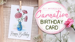 Simple Carnations Birthday Card  How to draw  DIY paint with watercolors [upl. by Neerihs]