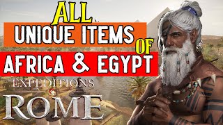 Expeditions Rome  All Unique Items of Africa and Egypt Weapons Armor and Accessories [upl. by Aiva20]