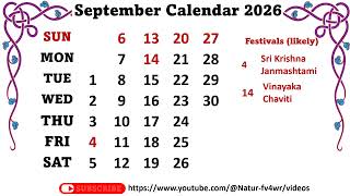 September Calendar 2026  September 2026 Festivals likely some optional and general holidays [upl. by Tannenwald]