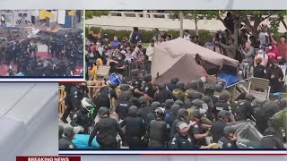 UC Irvine protest site being torn down Tugofwar between police proPalestine demonstrators [upl. by Anatnom]