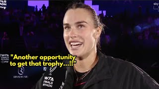 Aryna Sabalenka Interview after beating Qinwen Zheng in WTA Finals [upl. by Nnylecoj]