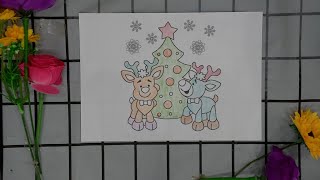 Color the picture of two reindeer standing next to the pine tree [upl. by Mackey]