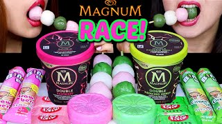 ASMR RACE PINK VS GREEN MAGNUM ICE CREAM PINTS DANGO MOCHI KITKAT CHOCOLATE CONES MONAKA 먹방 [upl. by Dnivra]