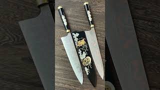 Takeshi Saji MakieArt Damascus Gyuto Knives with Urushi Lacquered FUJIN RAIJIN [upl. by Yenffad]