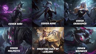 New Skins Preview  Coven Ashe Ahri Cassiopea Malphite Warwick and The Prestige Cult of LeBlanc [upl. by Yebloc]